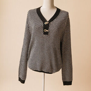 Karen Scott Knit Sweater Black White Polka Dot Retro Mod Preppy Y2K Academia